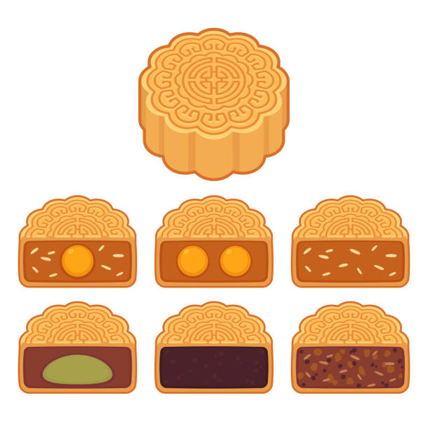 Mooncakes with different fillings Mooncake, traditional Chinese pastry with different fillings: lotus seed and red bean paste, egg yolk and sesame. Isolated vector clip art illustration set. moon cake stock illustrations