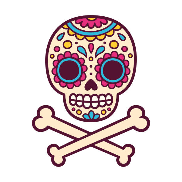 Mexican painted skull Cartoon Mexican sugar skull vector illustration for Dia de los Muertos (Day of the Dead). Cute and simple skull drawing with crossed bones. human skull stock illustrations