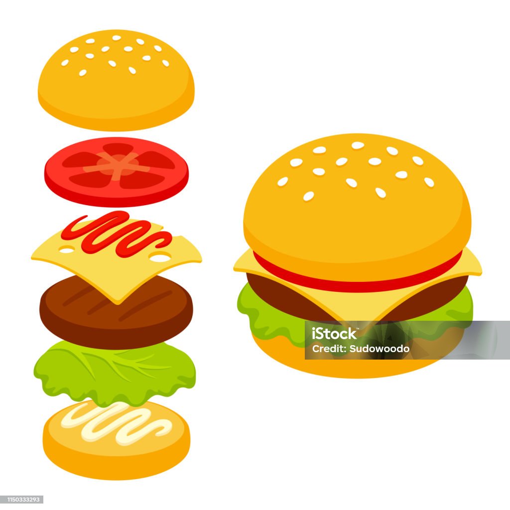 Icono de hamburguesa isométrica de dibujos animados - arte vectorial de Hamburguesa - Alimento libre de derechos