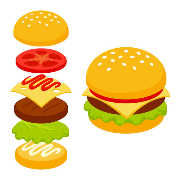 illustrazioni stock, clip art, cartoni animati e icone di tendenza di icona dell'hamburger isometrico dei cartoni animati - bun