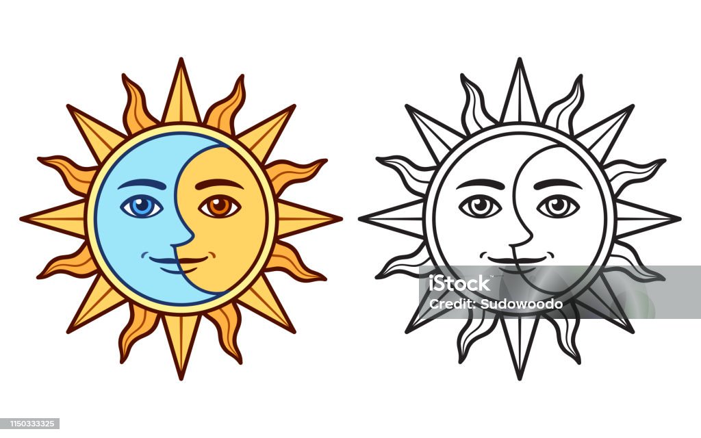 Stylized sun and moon Stylized half sun half moon face, black and white drawing and color version. Vintage boho tattoo symbol, vector clip art illustration. Sun stock vector