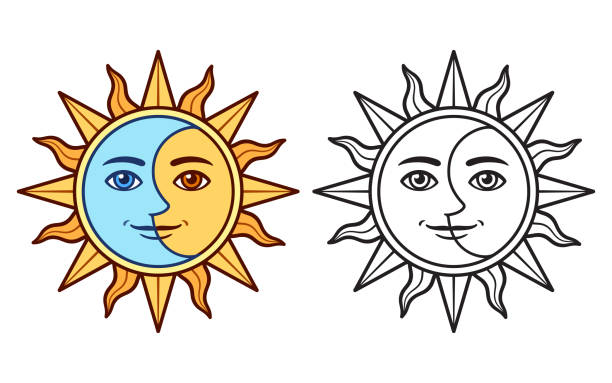 Stylized sun and moon Stylized half sun half moon face, black and white drawing and color version. Vintage boho tattoo symbol, vector clip art illustration. moon clipart stock illustrations