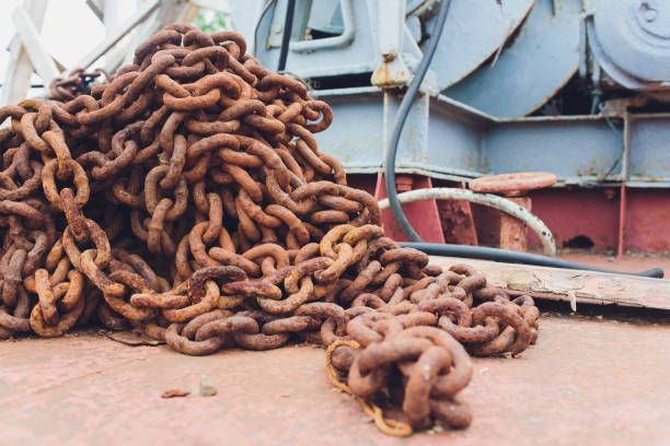 istock Old industrial chain ropes, the big rusty chains. 1150334194