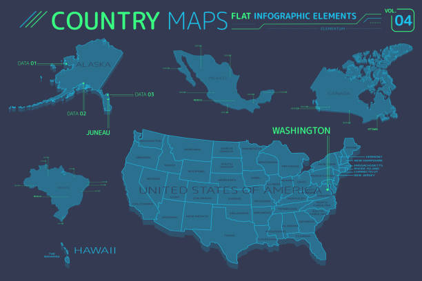 usa, alaska, hawaii, mexiko, kanada und brasilien vector maps - alaska us bundesstaat stock-grafiken, -clipart, -cartoons und -symbole