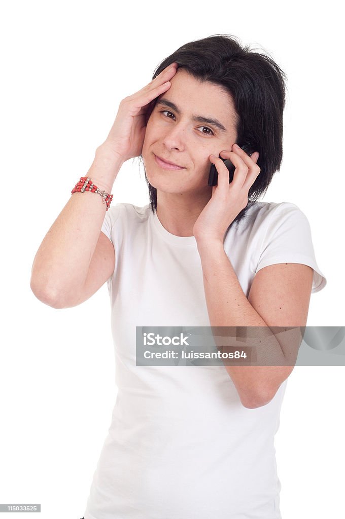 Stressed woman on the phone stressed casual woman talking on the phone (isolated on white background) Adult Stock Photo