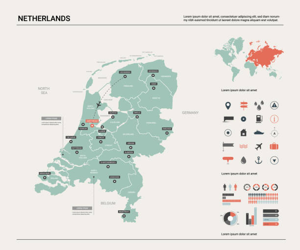 네덜란드의 벡터 지도입니다. 디비전, 도시 및 자본 암스테르담 국가 지도. 정치 지도, 세계 지도, 인포 그래픽 요소. - netherlands stock illustrations