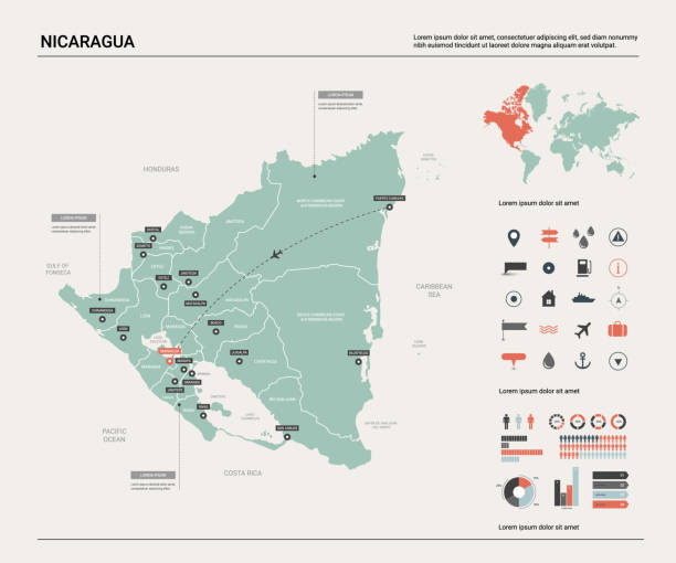 ilustrações, clipart, desenhos animados e ícones de mapa do vetor de nicarágua. mapa do país com divisão, cidades e capital managua. mapa político, mapa de mundo, elementos infográfico. - capital cities illustrations