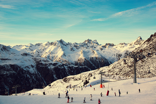 Panorama of the Alpine mountains in the evening at the ski resort of Ischgl, Austria..