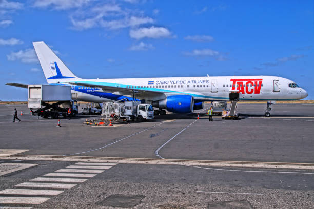 A Boeing 757-200 from the national airline TACV at Sal airport in Cape Verde 01/12/2017 - Sal, Cape Verde
TACV (Transportes Aéreos de Cabo Verde) is the national airline of Cape Verde.
The company was founded in 1958 and operates domestic and international flights to and from the archipelago.
The company was renamed Cabo Verde Airlines in 2018. boeing 757 stock pictures, royalty-free photos & images