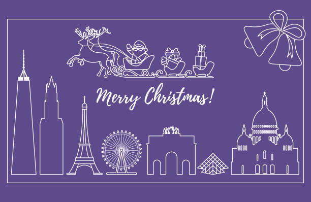 Santa Claus in sleigh flying over buildings. Santa Claus with Christmas presents in sleigh with reindeers over famous buildings and constructions of different countries. New Year and Christmas greeting card. eiffel tower winter stock illustrations