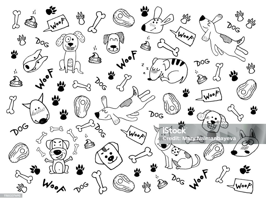 Hand Doodle Vector Clipart With Funny Dogs Paw Prints And Bones Cute  Surface Design For Wallpaper Background Print Stock Illustration - Download  Image Now - iStock