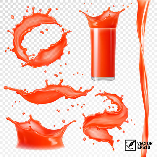 ilustrações de stock, clip art, desenhos animados e ícones de 3d realistic set of isolated vector, different bursts of juice from strawberries, tomato, watermelon, raspberries, grapefruit and other fruits, a transparent glass with a splash, a stream and a vortex of juice - splashing juice liquid red