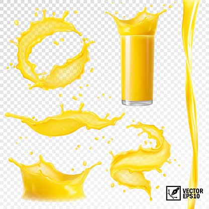 3D realistic set of isolated vector different splashes of juice of orange, mango, bananas and other fruits, transparent glass with a splash, spray and vortex juice