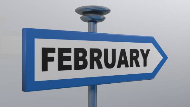 istock FEBRUARY blue arrow street sign - 3D rendering illustration 1150338775