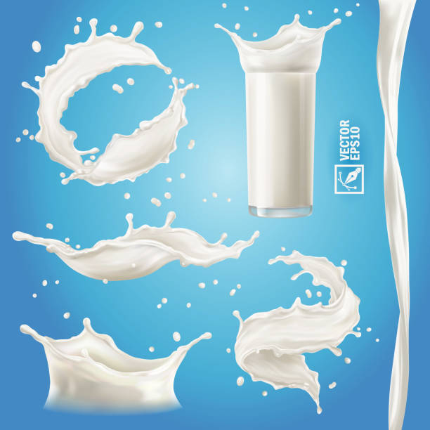 illustrazioni stock, clip art, cartoni animati e icone di tendenza di set vettoriale isolato realistico 3d, diverse esplosioni di latte, yogurt o crema, vetro trasparente con uno spruzzo, flusso regolare, vortice - splash latte