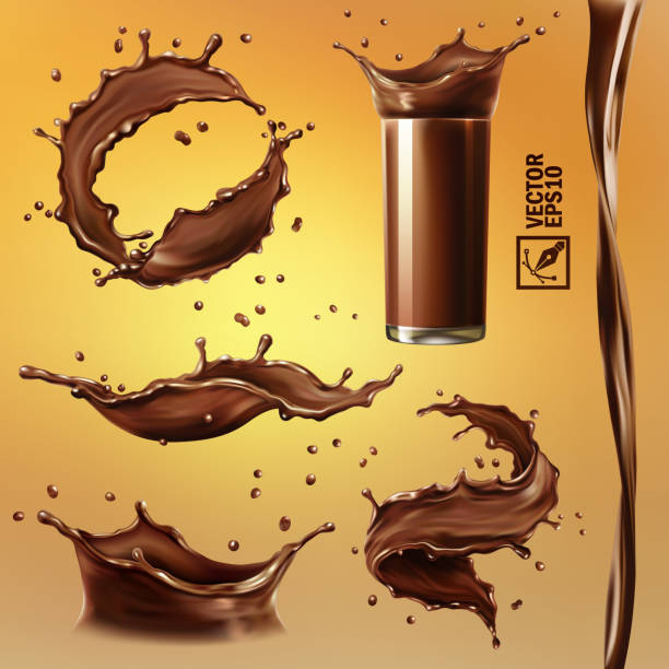 ilustraciones, imágenes clip art, dibujos animados e iconos de stock de conjunto vectorial 3d realista y aislado, diferentes salpicaduras de chocolate, cacao o café, un cristal transparente con un salpicadura, un arroyo que fluye, un vórtice - chocolate