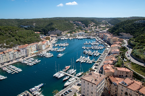View from above of Bonifacio port in Corsica, France.