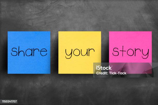 Sticky Note On Blackboard Share Your Story Stock Photo - Download Image Now - Storytelling, Fairy Tale, Sharing