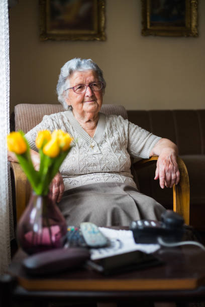 Portrait of an senior woman at home. Portrait of a old woman with gray hair. Grandma sitting in a chair in the nursing home. 80 89 years photos stock pictures, royalty-free photos & images