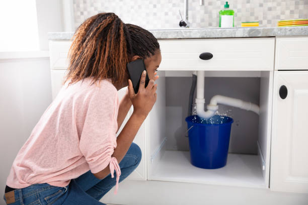 Woman Calling Plumber In Front Of Leaking Sink Pipe Young Woman Calling Plumber Crouching In Front Of Water Leaking From Sink Pipe drainage photos stock pictures, royalty-free photos & images