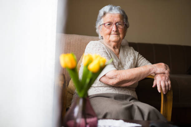 porträt der glücklichen schönen großmutter zu hause. - grandmother stock-fotos und bilder