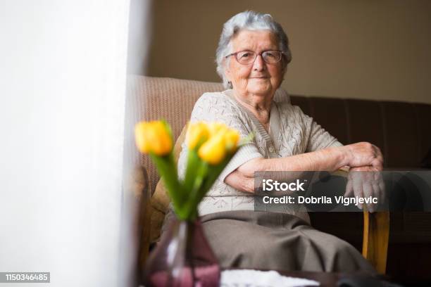 Portret Van Gelukkige Mooie Oma Thuis Stockfoto en meer beelden van Grootmoeder - Grootmoeder, Bejaard, Seniore vrouwen