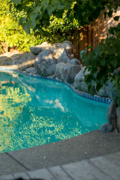 istock Rock landscape waterfall on swimming pool edge. 1150346705