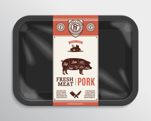 Vector pork packaging illustration Vector meat packaging illustration. Pork label. Black foam meat tray with plastic film mockup. American (US) cuts of pork diagram. black meat tray stock illustrations