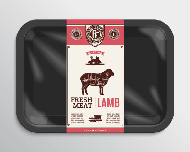 Vector lamb packaging illustration Vector meat packaging illustration. Lamb meat label. Black foam meat tray with plastic film mockup. American (US) cuts of beef diagram. black meat tray stock illustrations
