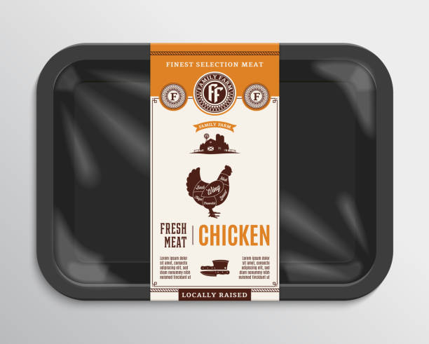 Vector chicken meat packaging illustration Vector meat packaging illustration. Chicken meat label. Black foam meat tray with plastic film mockup. American (US) cuts of chicken diagram. black meat tray stock illustrations