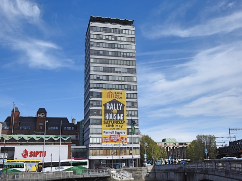 13th May 2019, Dublin, Ireland.  Liberty Hall building with a Raise the Roof housing crises event banner in Dublin City Centre.