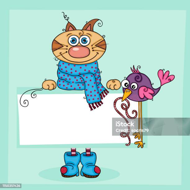 Background Illustration With Cat And Bird Holding A Blank Sticker Stock Illustration - Download Image Now