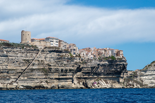 View of Bonifacio city with the cliff from the sea, Corsica, France