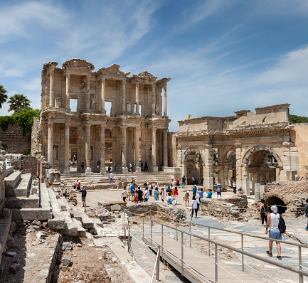 Izmir, Turkey - May19 2019. The Library of Celsus is an ancient Roman building in Ephesus, Anatolia, now part of Selçuk, Turkey.Selçuk is popular historical district of İzmir in the Turkey.
