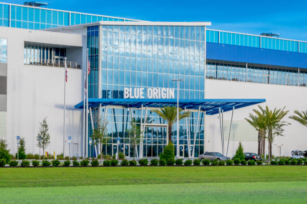 Blue Origin Production Facility Cape Canaveral, Florida - May 12, 2019: Blue Origin launch vehicle production facility was founded by Jeff Bezos and is located near the entrance to the Kennedy Space Center Visitor Complex. lander spacecraft stock pictures, royalty-free photos & images