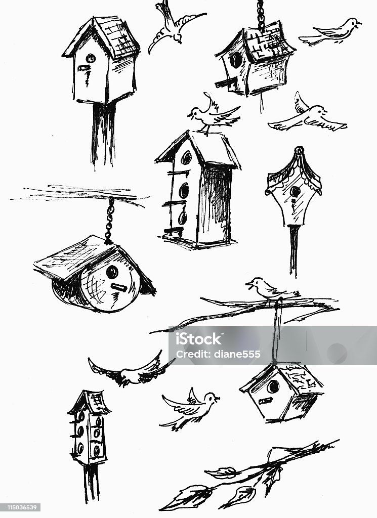 Main dessiné Birdhouses - Illustration de Cabane à oiseaux libre de droits