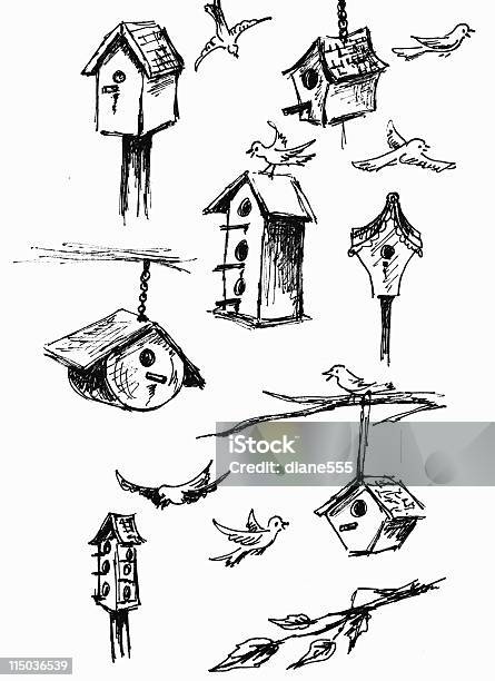 Vetores de Mão Esboçada Birdhouses e mais imagens de Casa de Pássaro - Casa de Pássaro, Esboço, Caneta e Nanquim