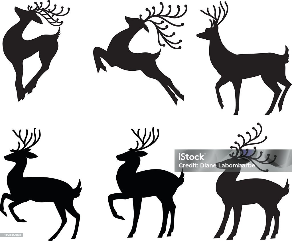 Stylized Reindeer Set of Six Different Poses in Black Silhouette Stylized reindeer set of six stylized Reindeer in Black Silhouette. Each reindeer can be moved and manipulated. The reindeer have detailed antlers and are in all different poses including jumping,prancing,pawing and bouncing. The reindeer silhouettes are isolated on white. Reindeer stock vector