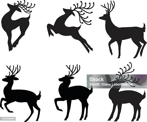 Stylized Reindeer Set Of Six Different Poses In Black Silhouette Stock Illustration - Download Image Now