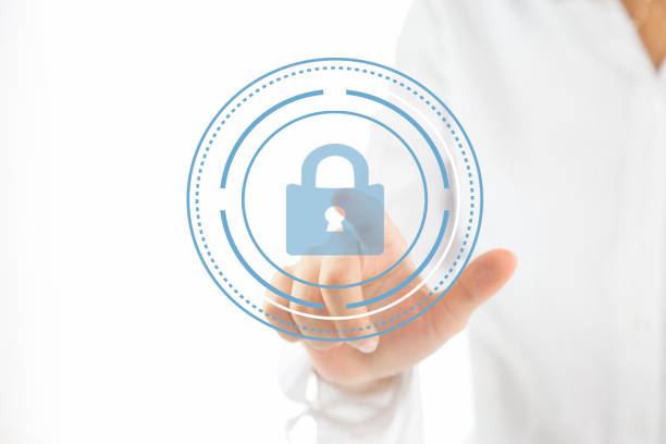 istock business, technology, internet and virtual reality concept - business woman pressing security button on virtual screens 1150368621