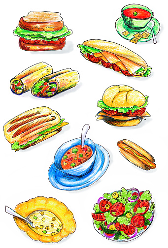 Hand drawn pen & colored pencil sketches of assorted soups, salads and sandwiches.