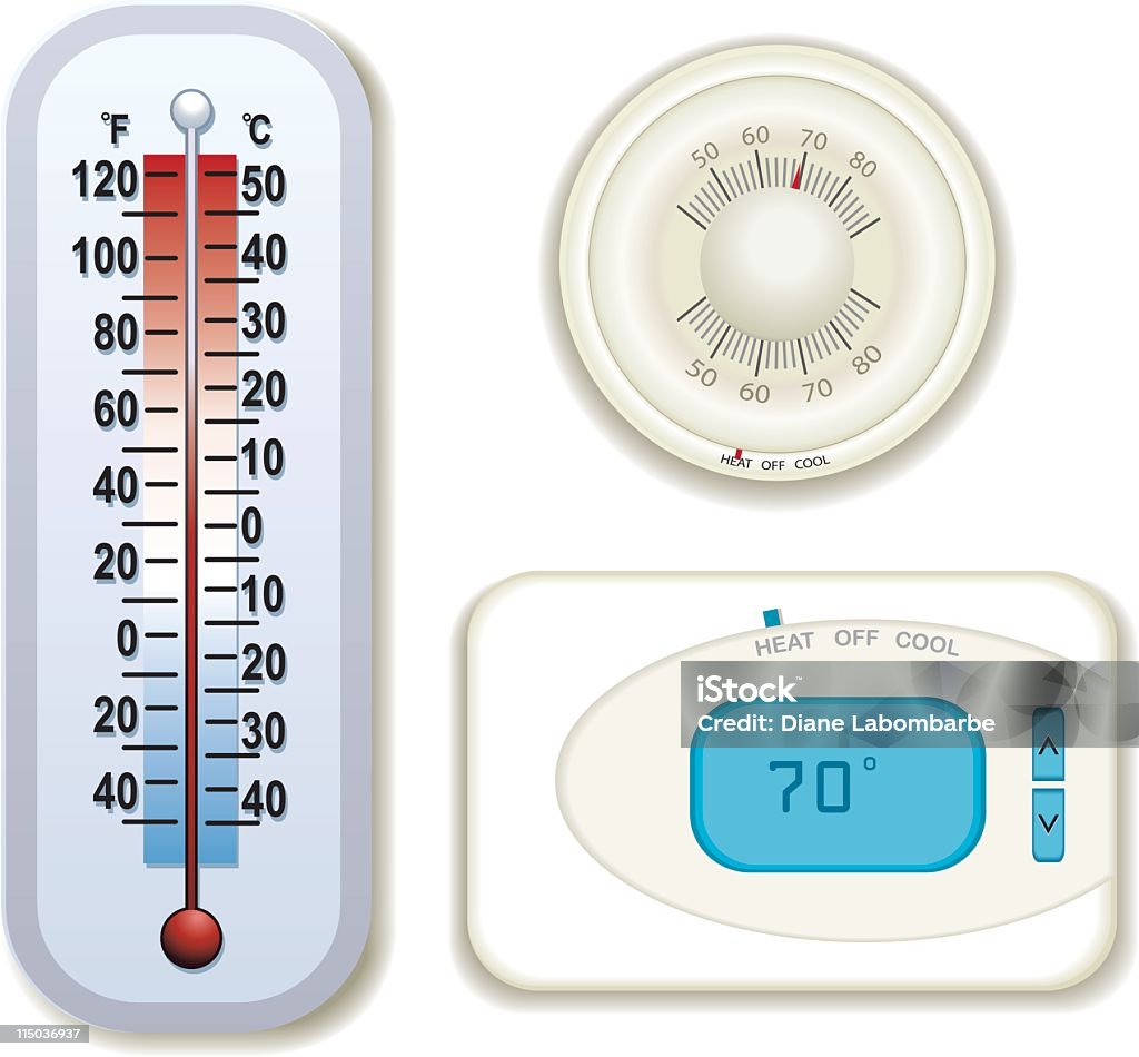 Thermostate und Thermometer in verschiedenen Designs - Lizenzfrei Angloamerikanisches Maßsystem Vektorgrafik