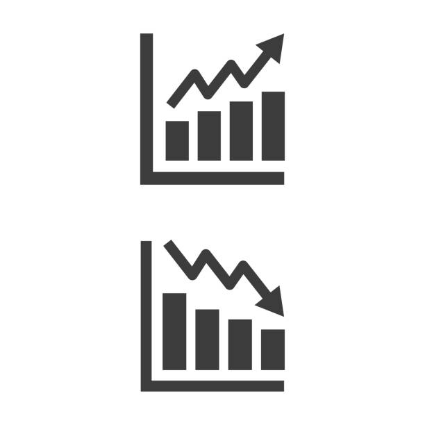 ilustraciones, imágenes clip art, dibujos animados e iconos de stock de icono de crecimiento y disminución sobre fondo blanco. - moving up prosperity growth arrow sign