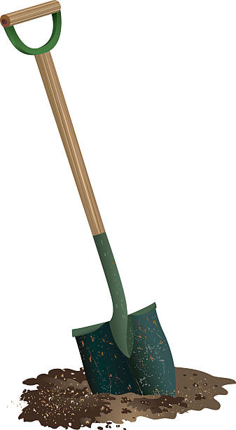 Spade Shovel with wooden handle Digging in pile of Soil Shovel digging soil. Green Spade Shovel with wooden handle shoved part way in pile of brown Soil. There is a large copy space on the right side of the shovel. This could be used for Earth Day posters, eco posters, green earth posters or garden party invites. shovel stock illustrations