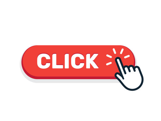 ilustrações de stock, clip art, desenhos animados e ícones de click here button with hand icon. vector click web sign cursor symbol. button isolated - registration internet click computer mouse