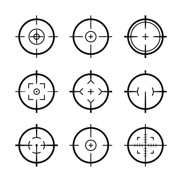 ilustrações, clipart, desenhos animados e ícones de jogo militar dos ícones do objetivo do alvo. mira do exército de sniper arma alvo crosshair para arma ou rifle - crosshair gun rifle sight aiming