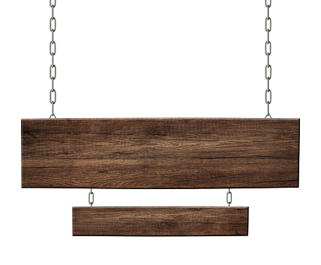 Doble signo de madera Oblong hecho de madera oscura colgando de cadenas photo