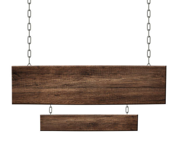 Oblong wooden double sign made of dark wood hanging on chains Empty oblong double sign made of dark wood hanging on chains. Isolated on white background hanging signboard stock pictures, royalty-free photos & images