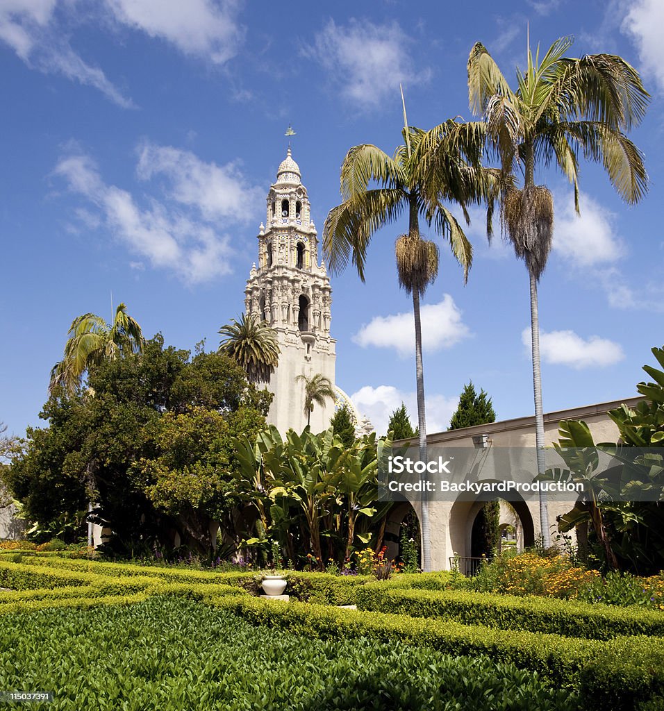 California Tower from Alcazar Gardens in Balboa Park View of the ornate California Tower from the Alcazar Gardens in Balboa Park in San Diego Balboa Park Stock Photo