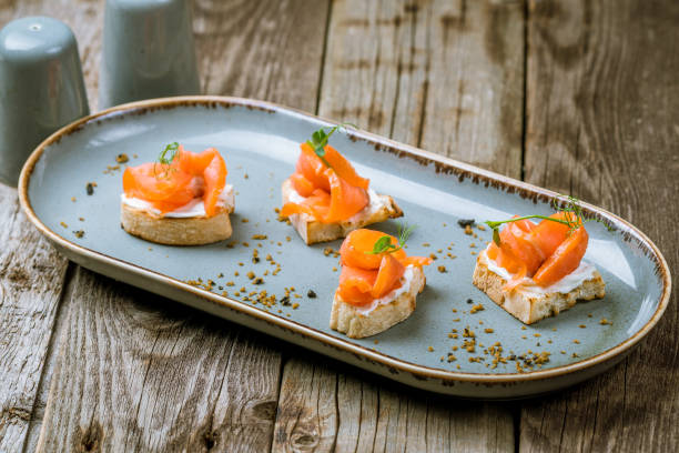 istock Bruschetta with salmon and cheese 1150375022